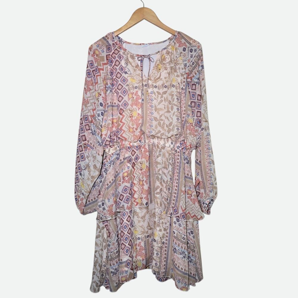 LASCANA Womens Size 12 Boho Printed Tiered Mini Dress V-Neck Elastic Waist